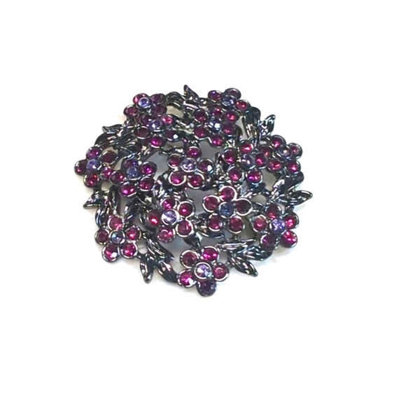 Vintage 90's Gunmetal and Plum/Deep Purple Floral Circle Brooche - Picture 4 of 9